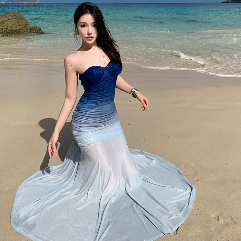 Enticement gradient slim niche vacation gauze mermaid dress