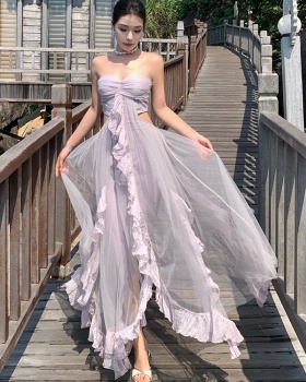 Vacation wrapped chest long dress spring purple dress