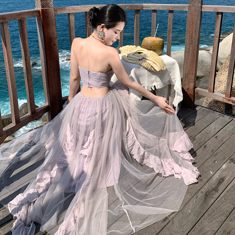 Vacation wrapped chest long dress spring purple dress