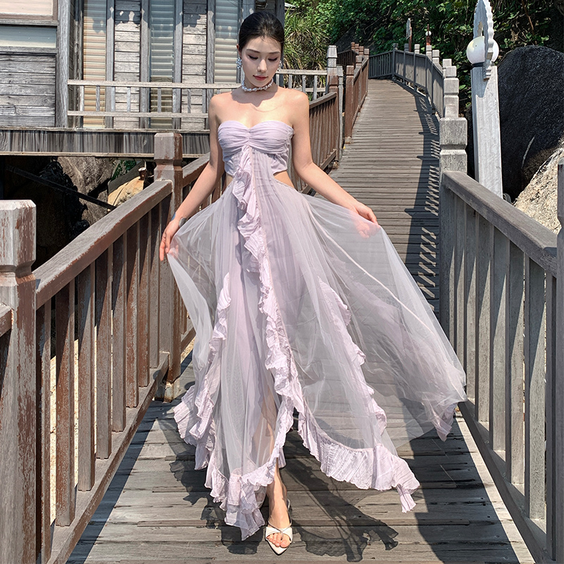 Vacation wrapped chest long dress spring purple dress
