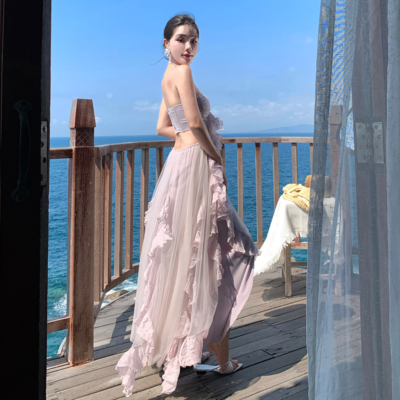 Vacation wrapped chest long dress spring purple dress