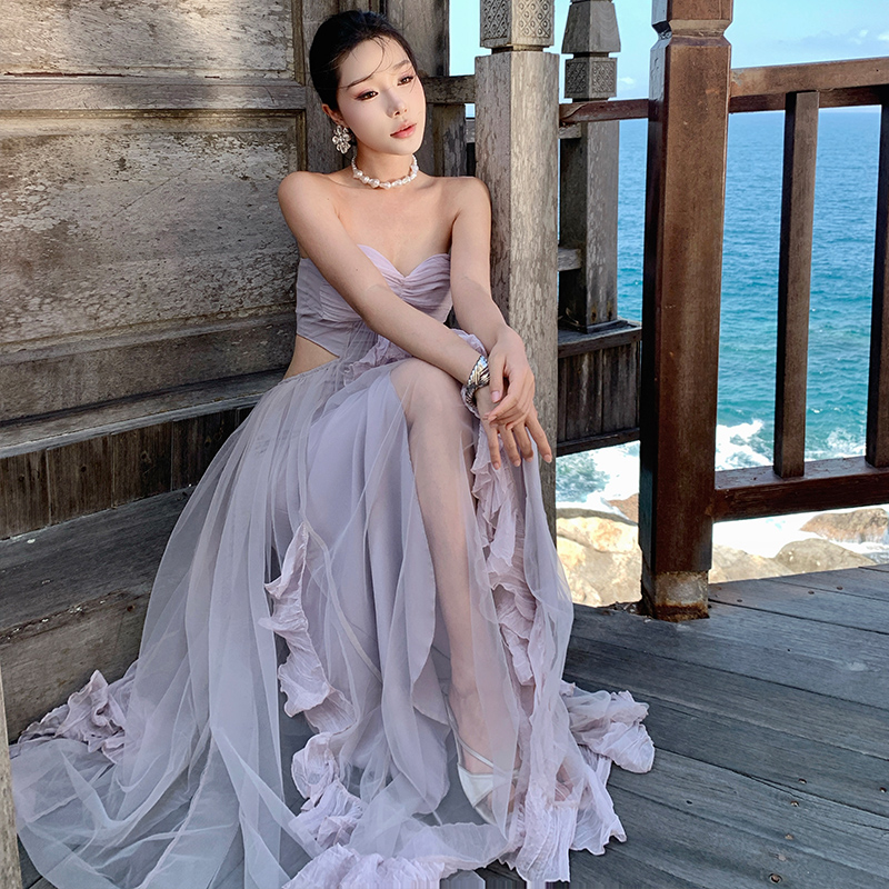 Vacation wrapped chest long dress spring purple dress
