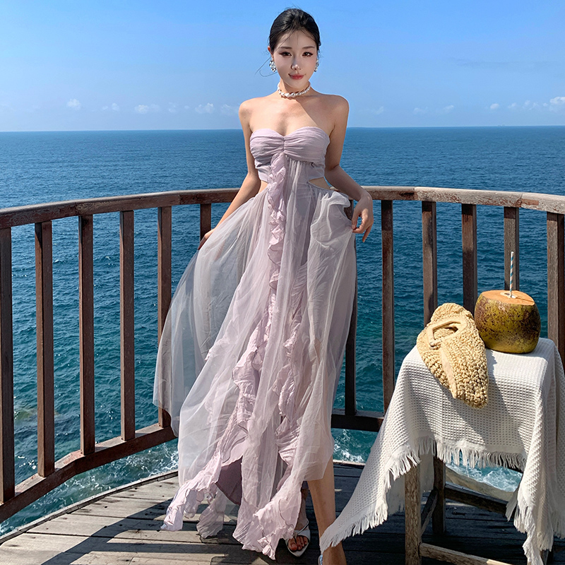 Vacation wrapped chest long dress spring purple dress