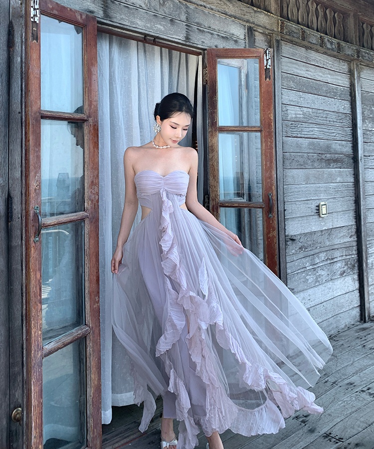 Vacation wrapped chest long dress spring purple dress