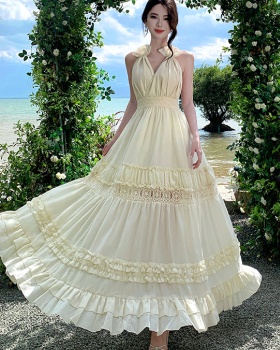 Enticement seaside long dress halter bandage strap dress