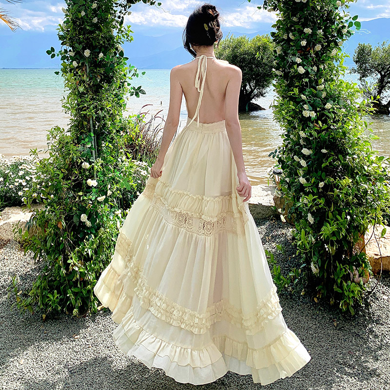 Enticement seaside long dress halter bandage strap dress