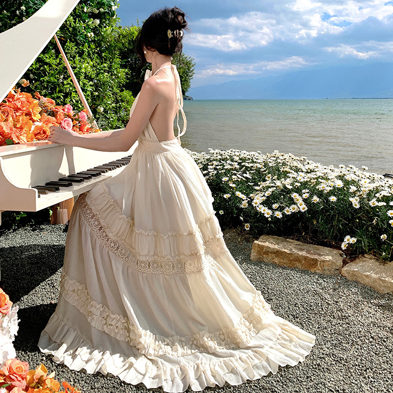 Enticement seaside long dress halter bandage strap dress