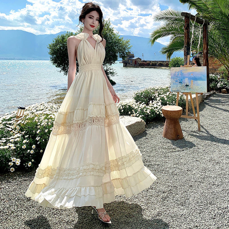 Enticement seaside long dress halter bandage strap dress