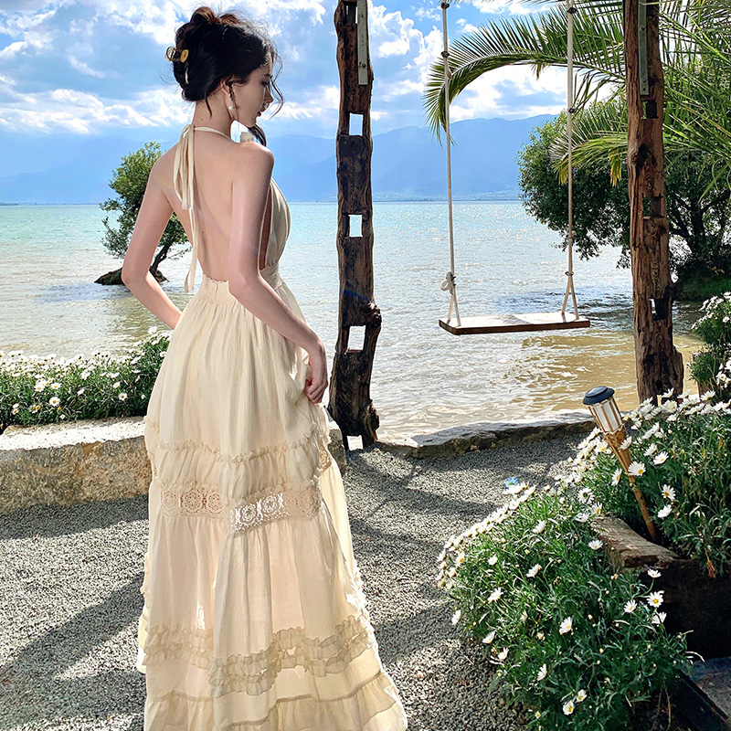 Enticement seaside long dress halter bandage strap dress