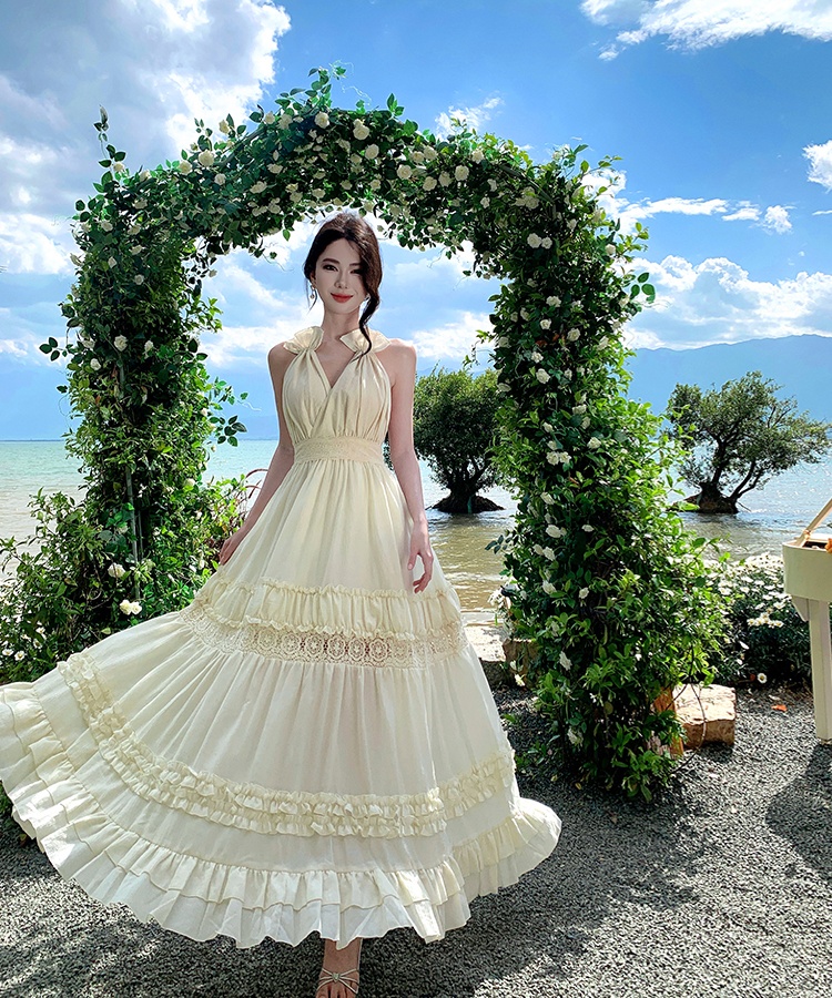 Enticement seaside long dress halter bandage strap dress