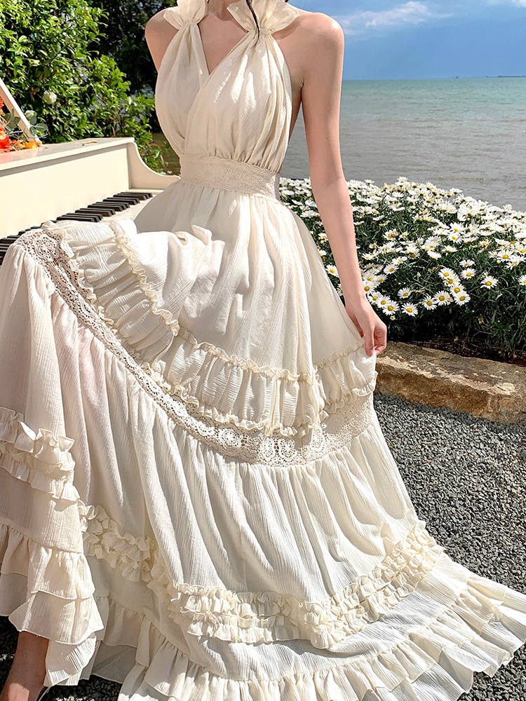 Enticement seaside long dress halter bandage strap dress