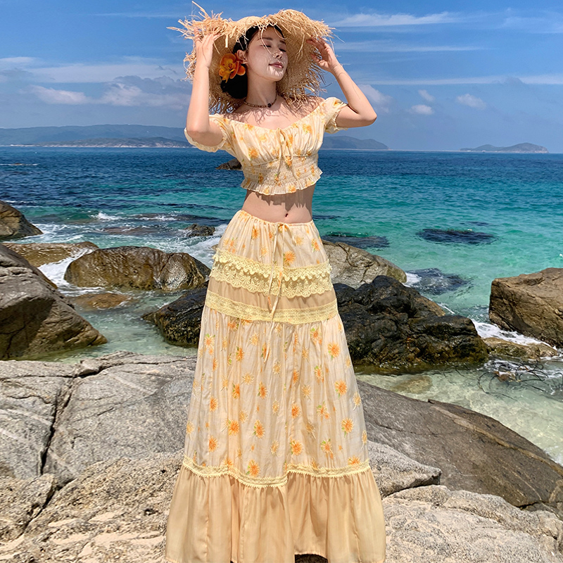 Drawstring seaside skirt vacation daisy tops