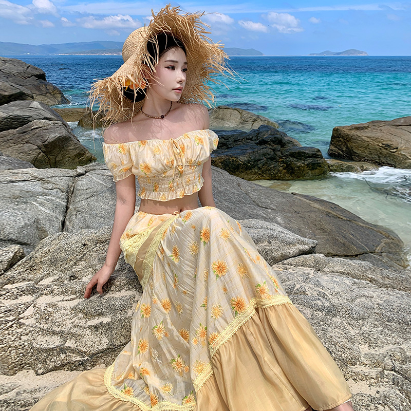 Drawstring seaside skirt vacation daisy tops