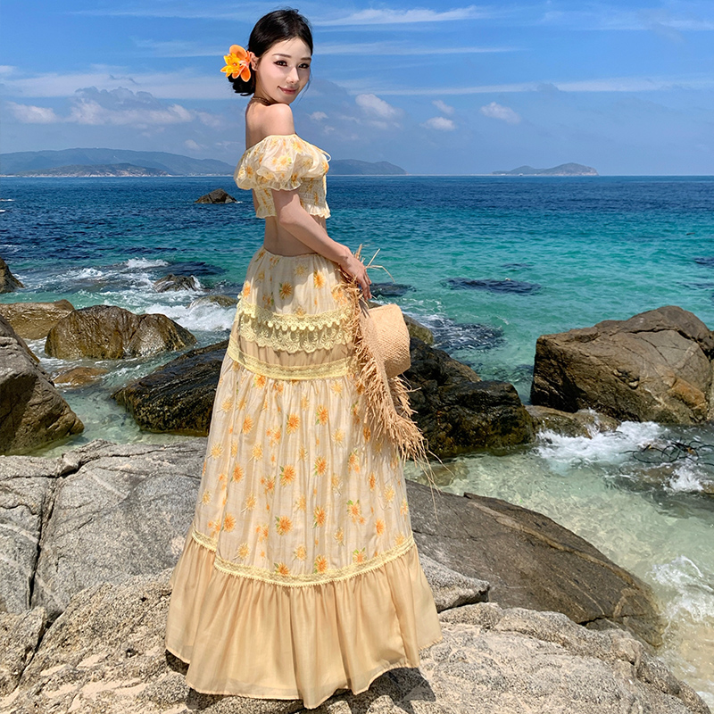Drawstring seaside skirt vacation daisy tops