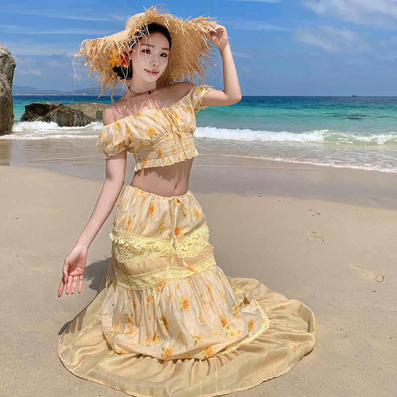 Drawstring seaside skirt vacation daisy tops