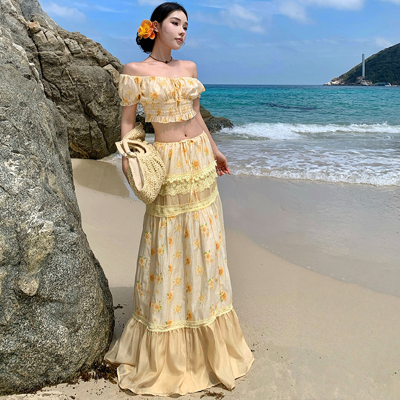 Drawstring seaside skirt vacation daisy tops