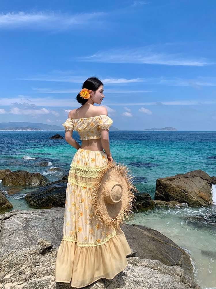 Drawstring seaside skirt vacation daisy tops