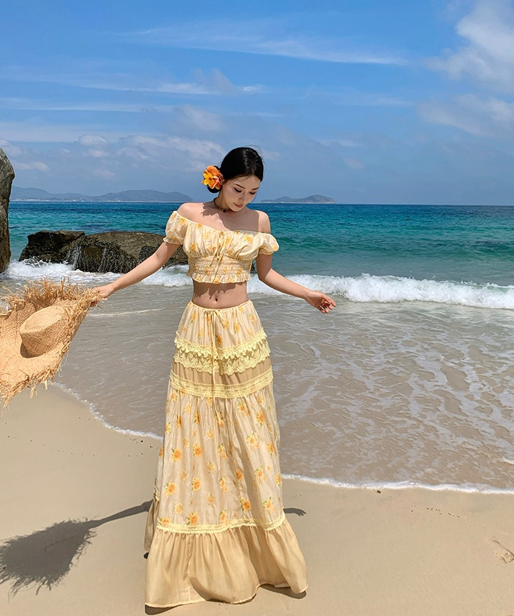 Drawstring seaside skirt vacation daisy tops