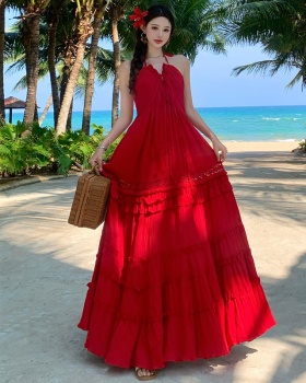 Many red small halter dress sling long dress