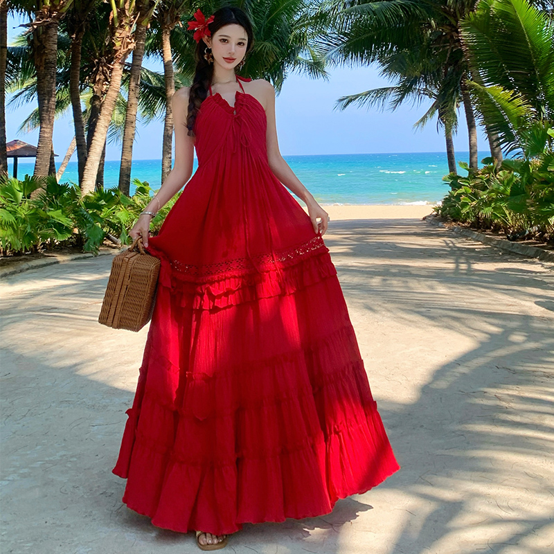 Many red small halter dress sling long dress