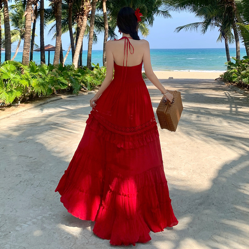 Many red small halter dress sling long dress
