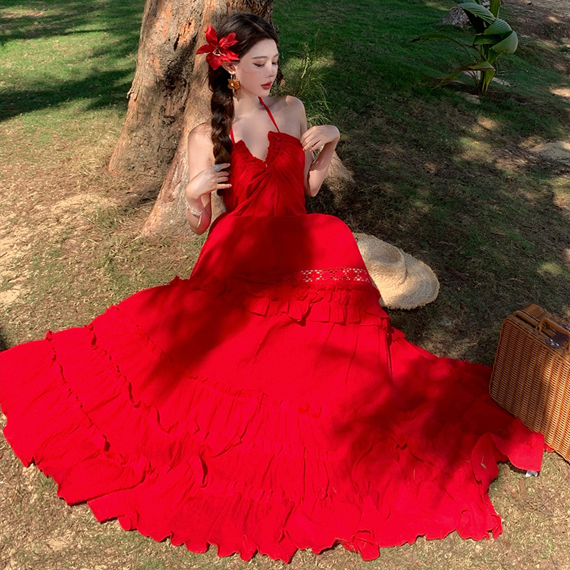 Many red small halter dress sling long dress