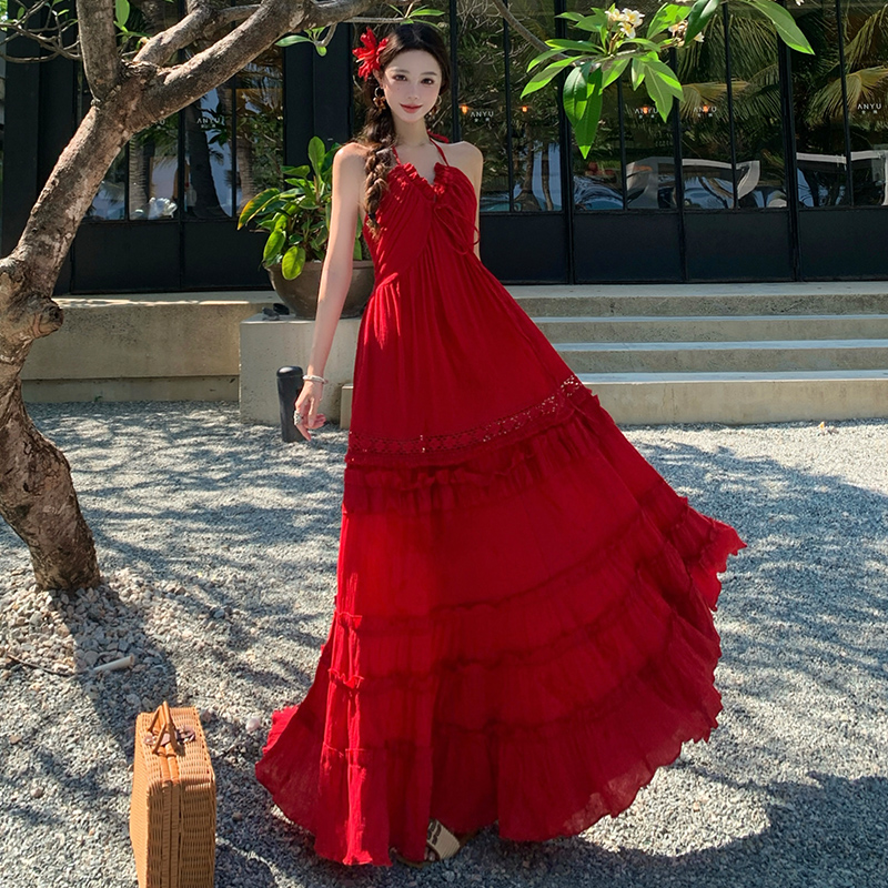 Many red small halter dress sling long dress