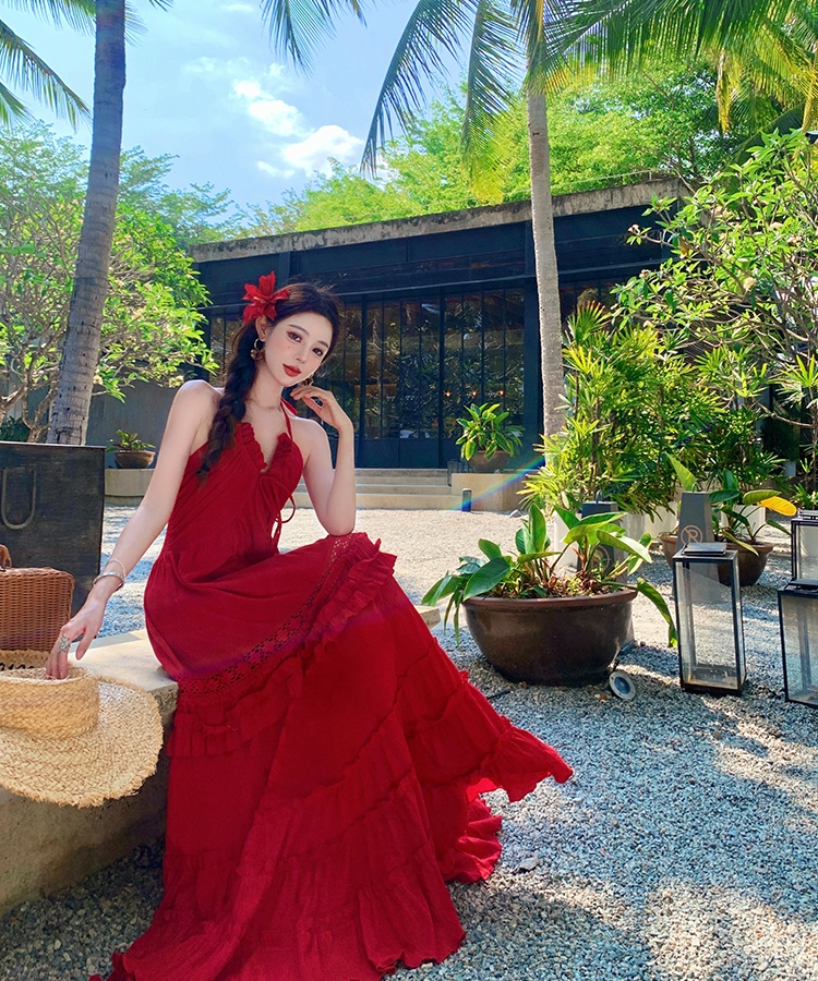 Many red small halter dress sling long dress