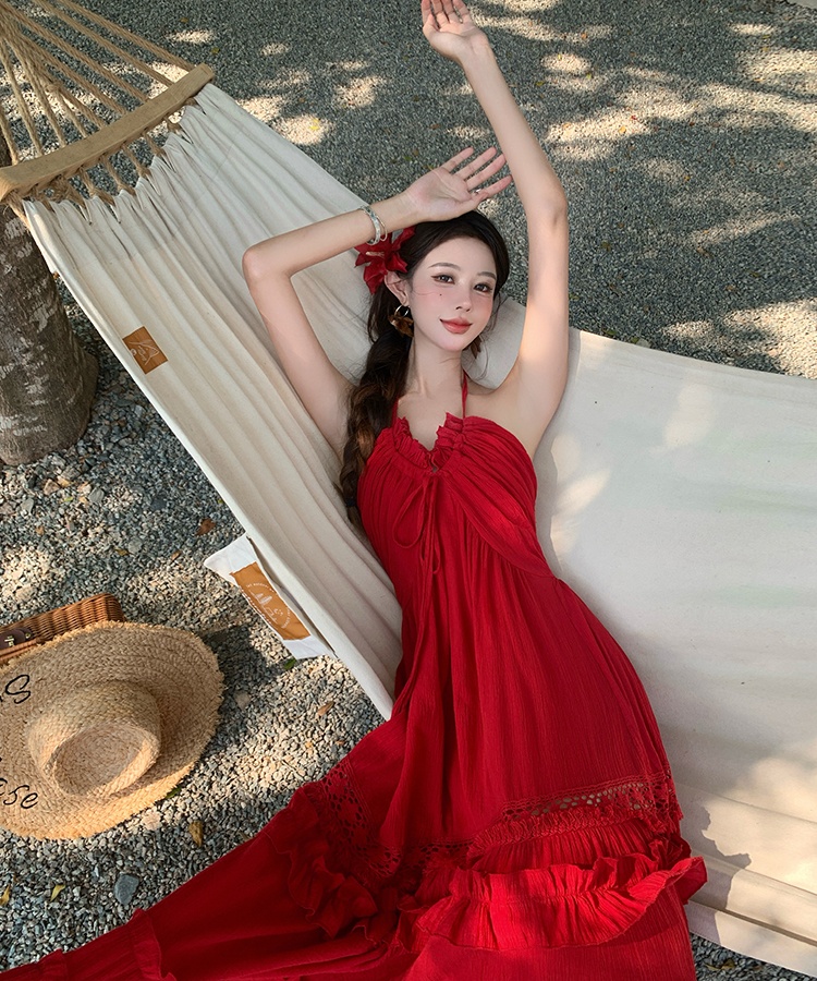 Many red small halter dress sling long dress