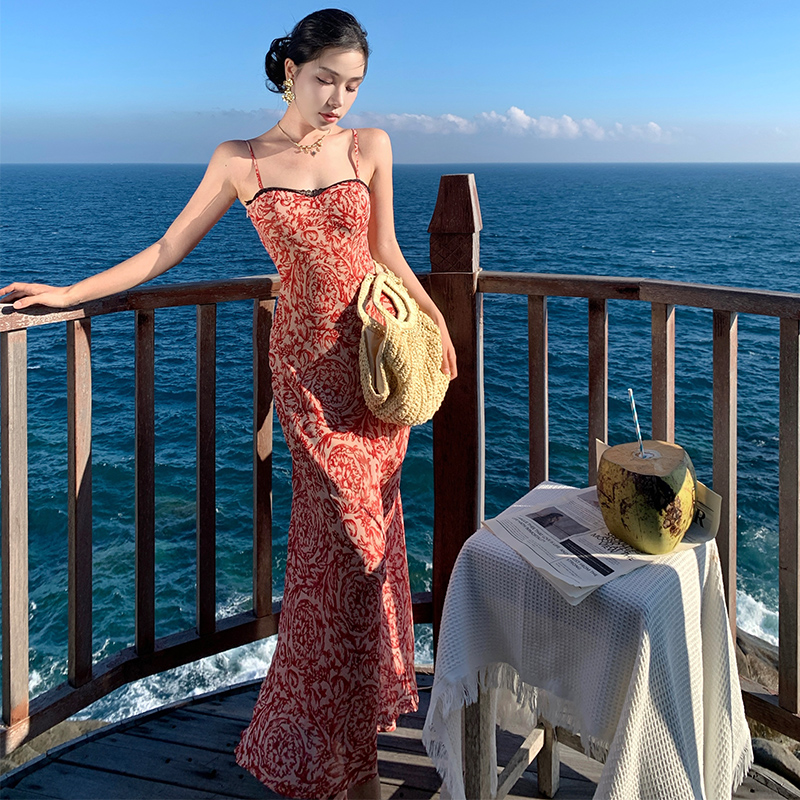 Mixed colors summer long slim sling floral dress for women