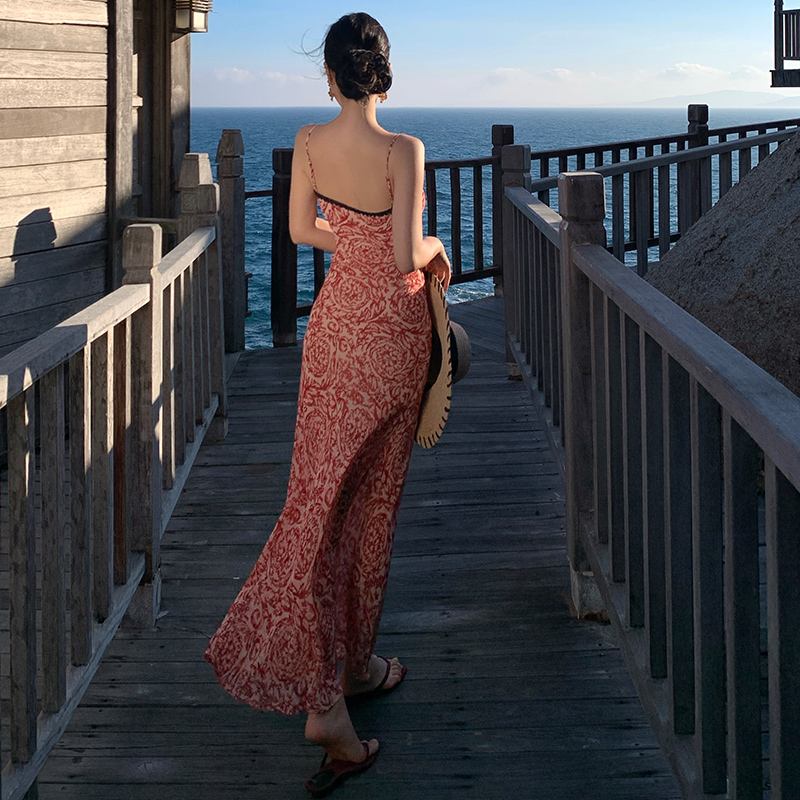 Mixed colors summer long slim sling floral dress for women