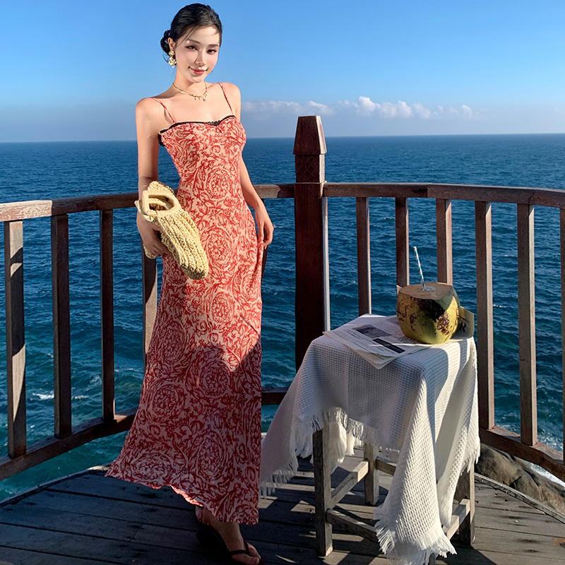 Mixed colors summer long slim sling floral dress for women