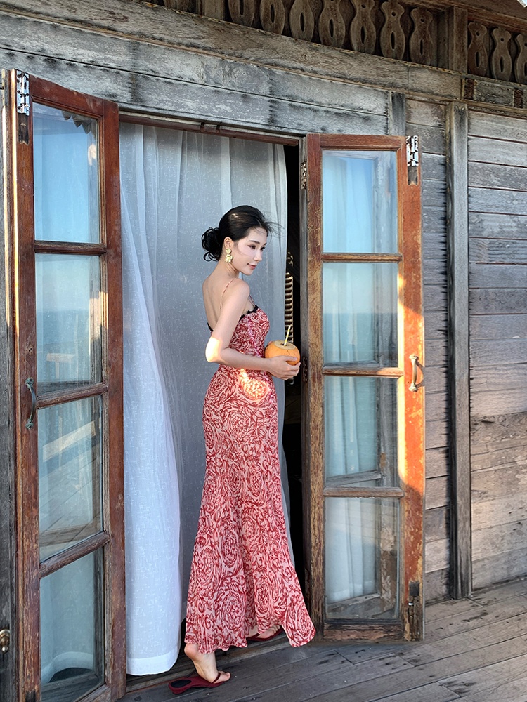 Mixed colors summer long slim sling floral dress for women