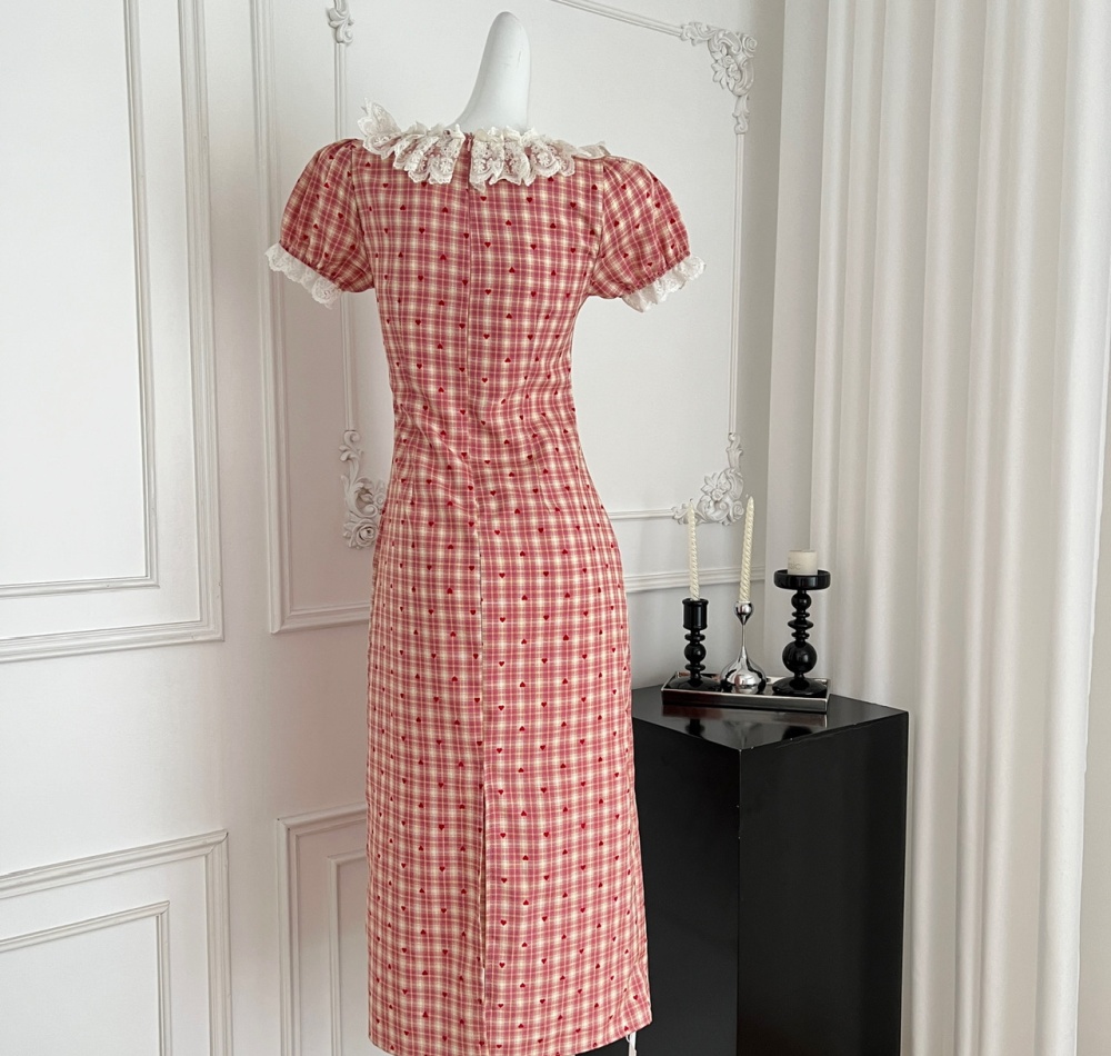 Floral France style playful lace red cell dress