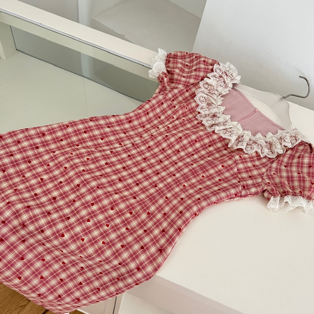 Floral France style playful lace red cell dress
