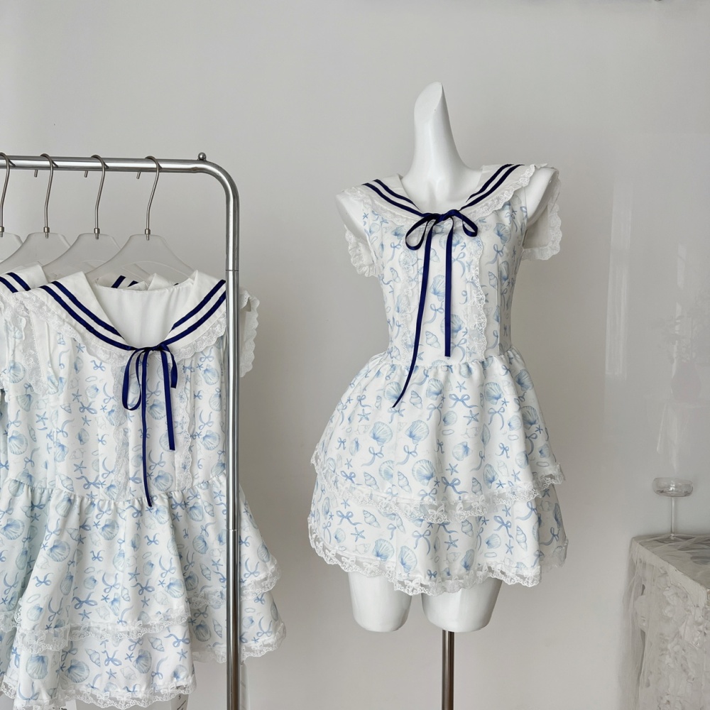 Puff sleeve printing shell summer France style dress