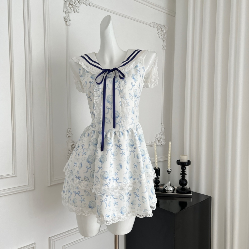 Puff sleeve printing shell summer France style dress