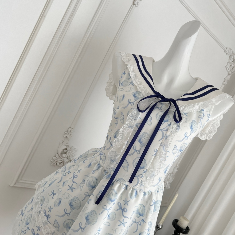 Puff sleeve printing shell summer France style dress