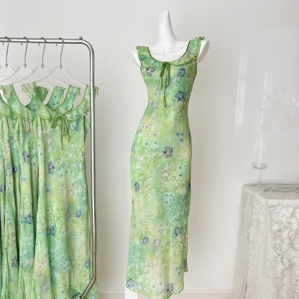 France style chiffon floral lotus leaf edges dress