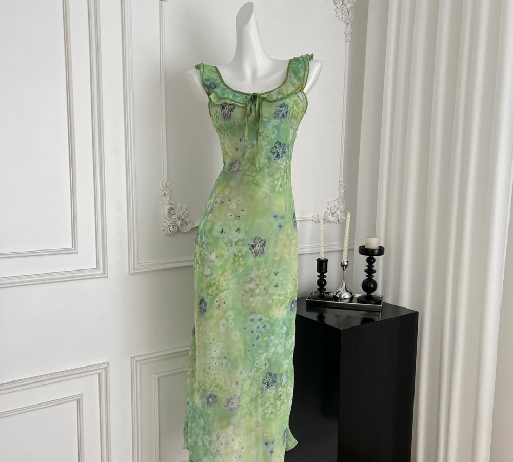 France style chiffon floral lotus leaf edges dress