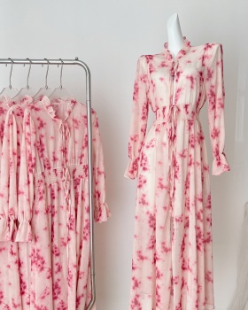 Long rose-red summer cardigan sunscreen floral dress