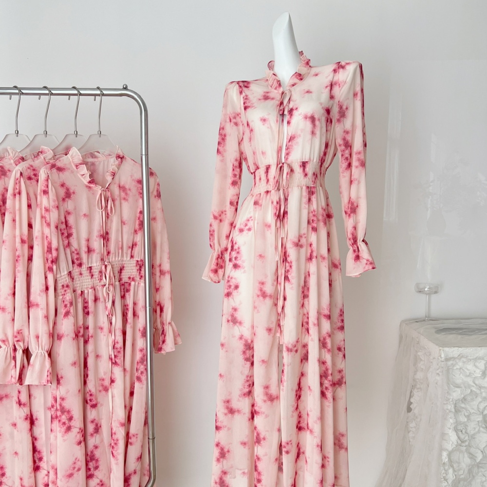 Long rose-red summer cardigan sunscreen floral dress