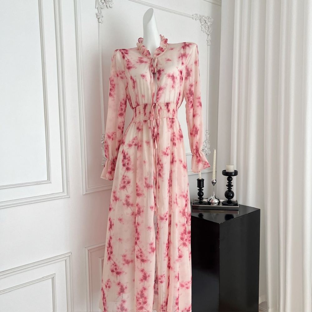Long rose-red summer cardigan sunscreen floral dress