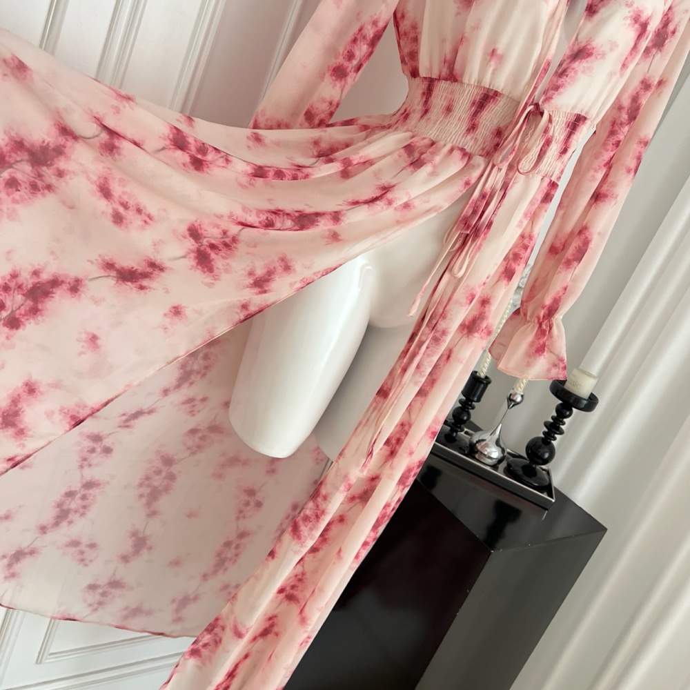 Long rose-red summer cardigan sunscreen floral dress