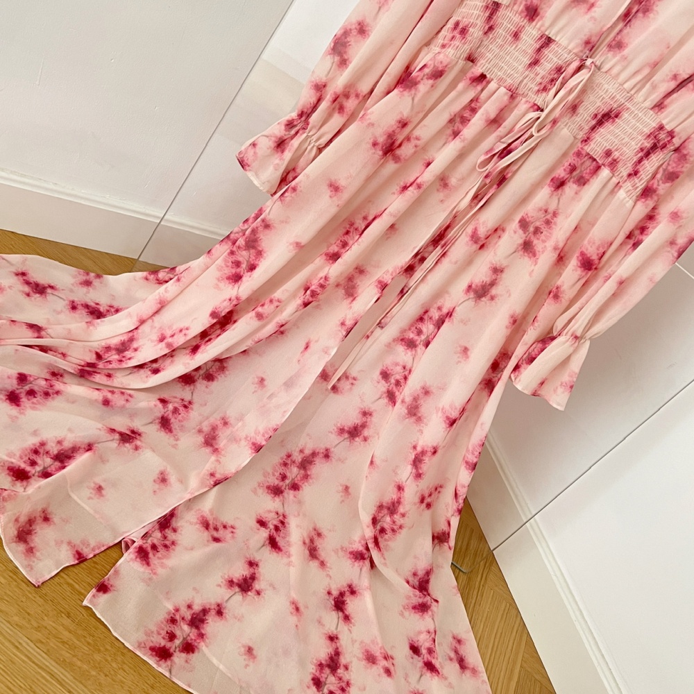 Long rose-red summer cardigan sunscreen floral dress