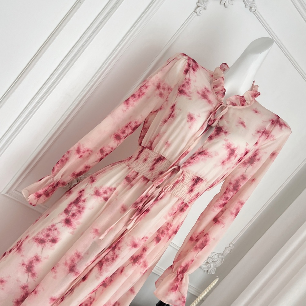 Long rose-red summer cardigan sunscreen floral dress