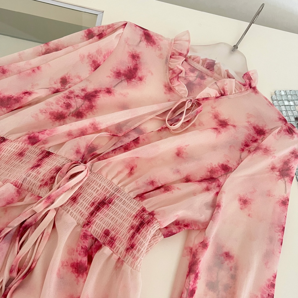 Long rose-red summer cardigan sunscreen floral dress