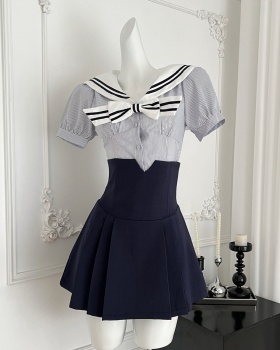 Pleated navy collar tops college style summer skirt a set