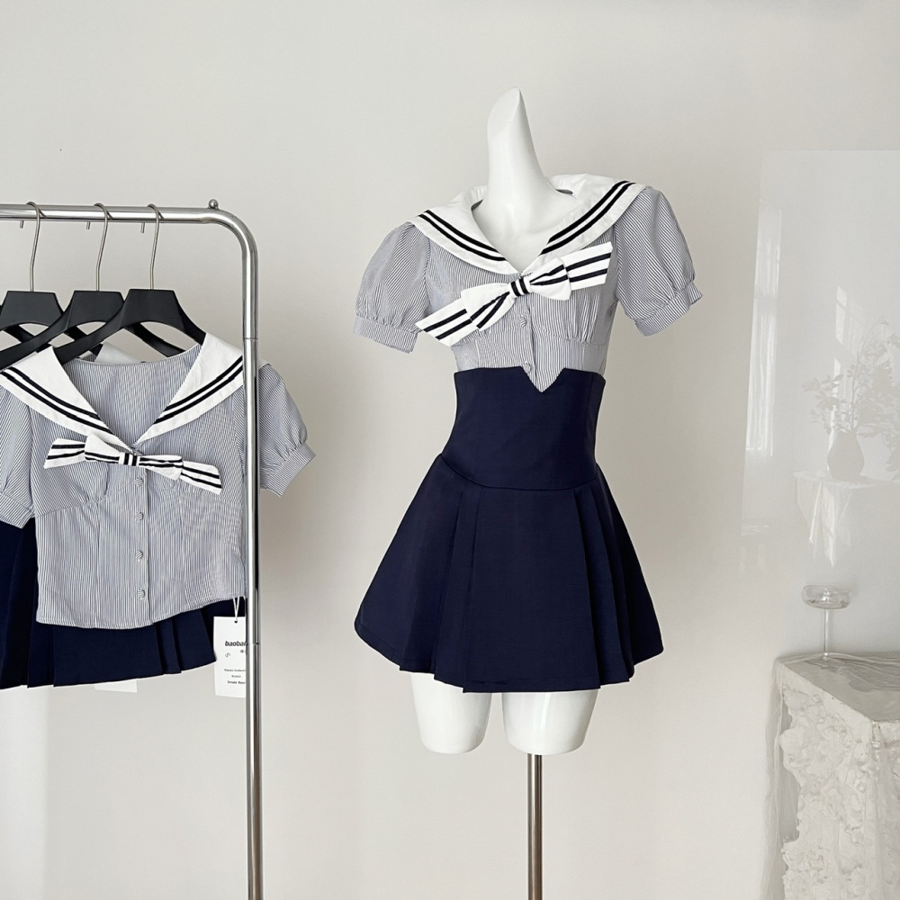 Pleated navy collar tops college style summer skirt a set