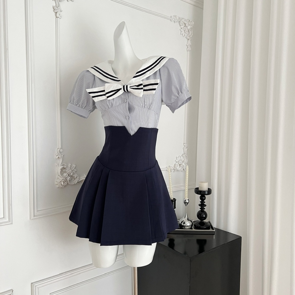 Pleated navy collar tops college style summer skirt a set